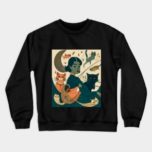 Vintage Art: Portrait of Girl Fishing with her cats Crewneck Sweatshirt